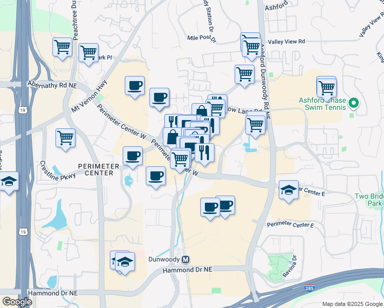 map of restaurants, bars, coffee shops, grocery stores, and more near 4500 Olde Perimeter Way in Atlanta