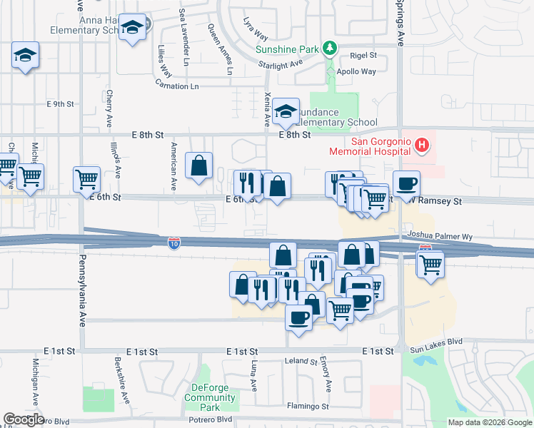 map of restaurants, bars, coffee shops, grocery stores, and more near 627 Xenia Avenue in Beaumont