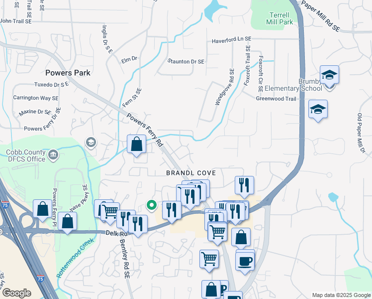 map of restaurants, bars, coffee shops, grocery stores, and more near 2970 Black Bear Drive Southeast in Marietta