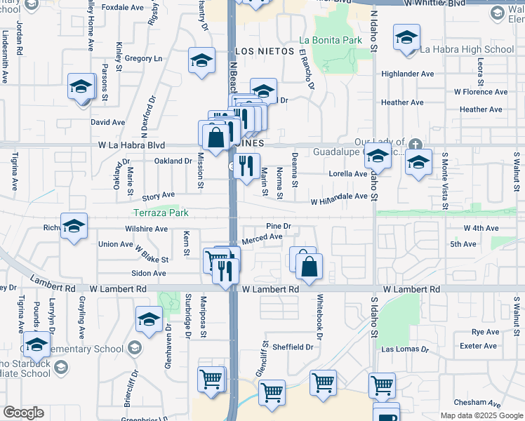map of restaurants, bars, coffee shops, grocery stores, and more near 440 South Beach Boulevard in La Habra