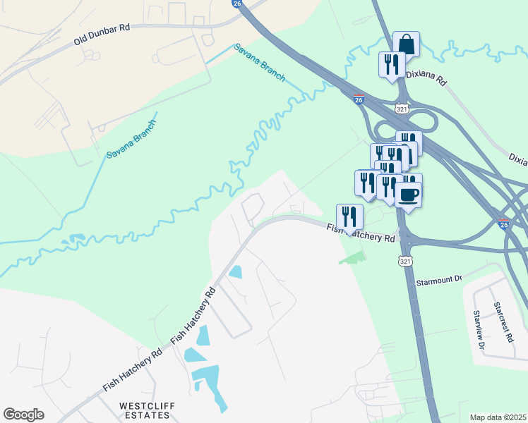 map of restaurants, bars, coffee shops, grocery stores, and more near 2490 Fish Hatchery Road in West Columbia