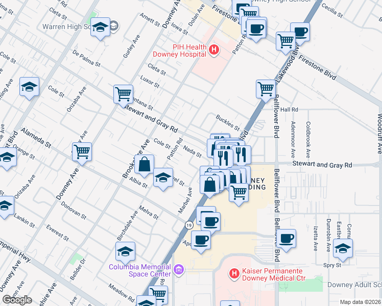 map of restaurants, bars, coffee shops, grocery stores, and more near 11905 Tristan Drive in Downey