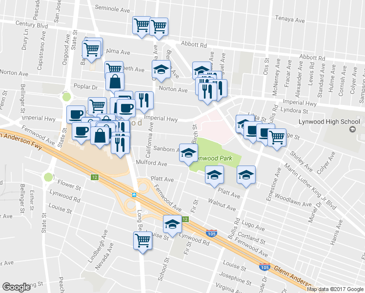 map of restaurants, bars, coffee shops, grocery stores, and more near 3587 Sanborn Avenue in Lynwood