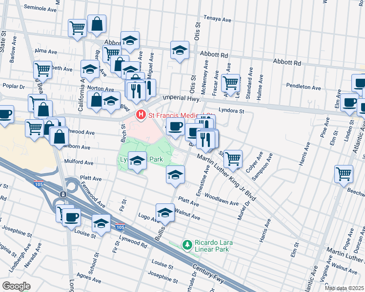 map of restaurants, bars, coffee shops, grocery stores, and more near 3791 Martin Luther King Junior Boulevard in Lynwood