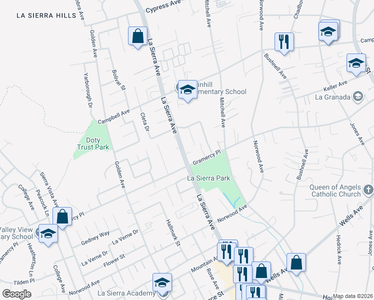 map of restaurants, bars, coffee shops, grocery stores, and more near 5355 La Sierra Avenue in Riverside