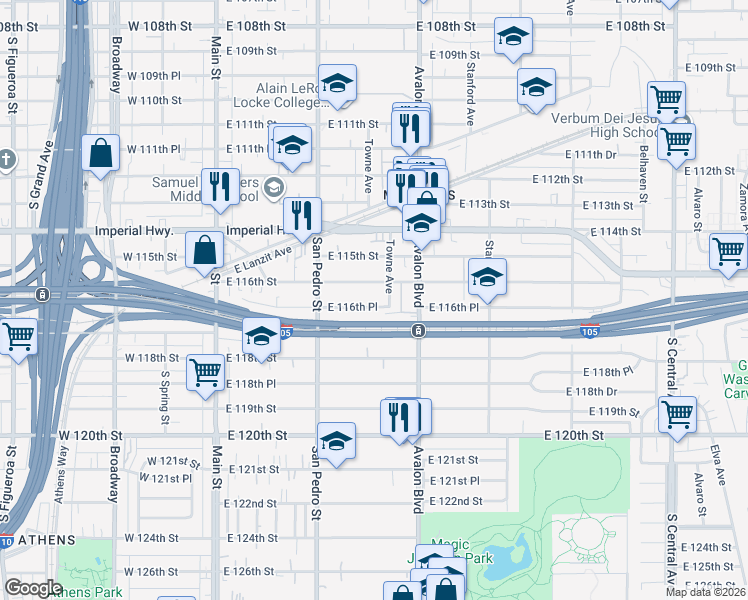 map of restaurants, bars, coffee shops, grocery stores, and more near 359 East 116th Place in Los Angeles