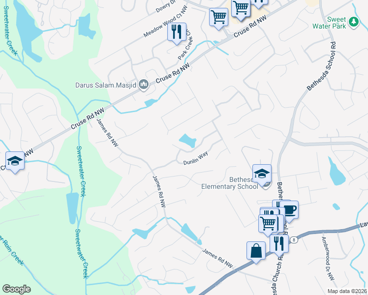 map of restaurants, bars, coffee shops, grocery stores, and more near 3189 Dunlin Lake Road in Lawrenceville