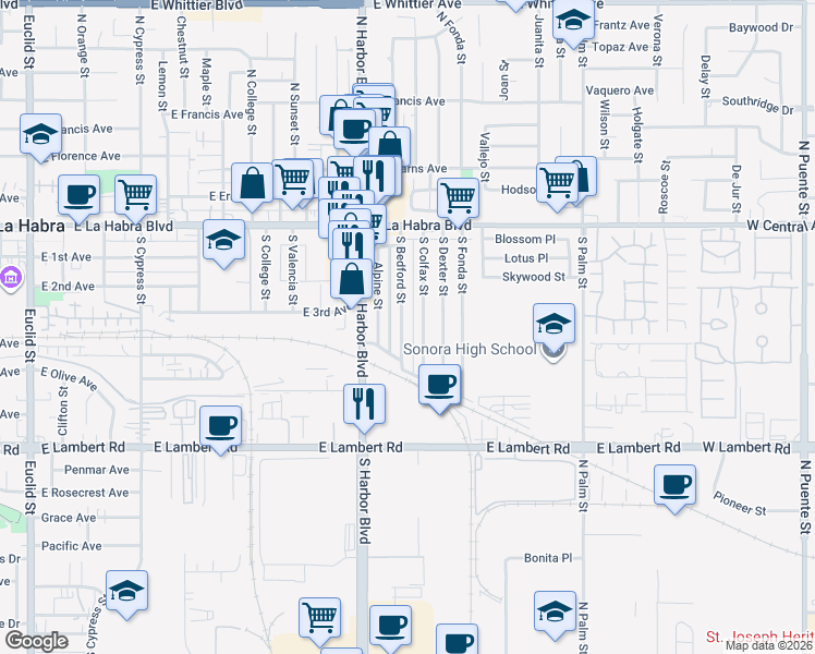 map of restaurants, bars, coffee shops, grocery stores, and more near 404 South Bedford Street in La Habra