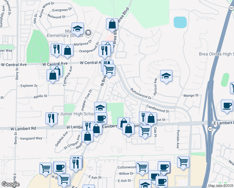 map of restaurants, bars, coffee shops, grocery stores, and more near 805 Vista Court in Brea