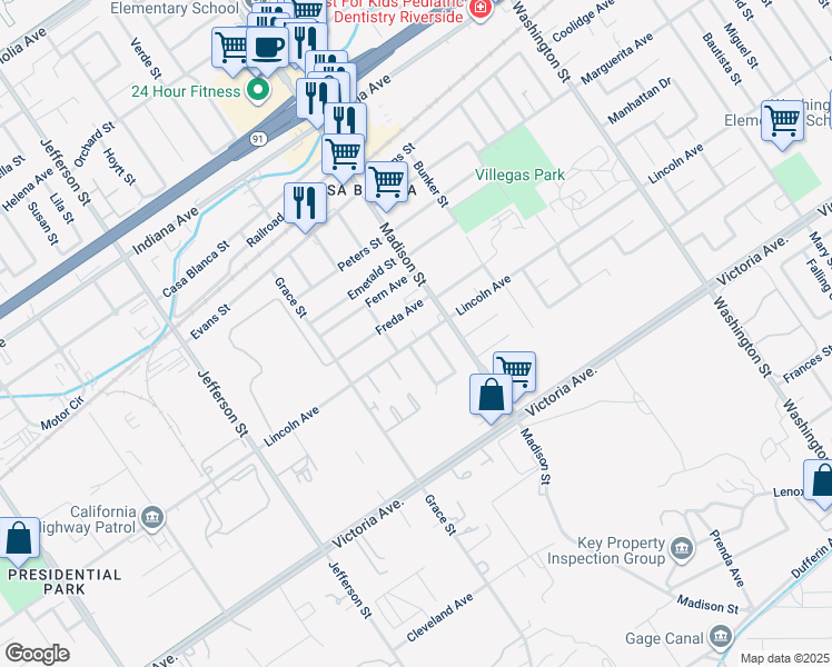 map of restaurants, bars, coffee shops, grocery stores, and more near 7563 Lincoln Avenue in Riverside