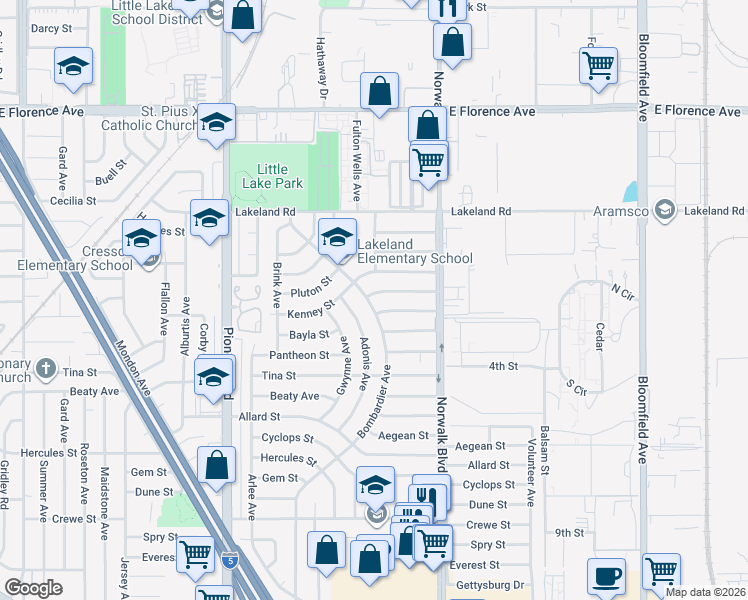 map of restaurants, bars, coffee shops, grocery stores, and more near 12102 Oracle Street in Norwalk