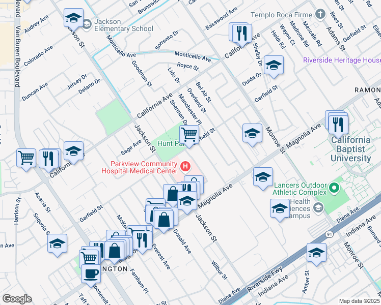 map of restaurants, bars, coffee shops, grocery stores, and more near 8990 Garfield Street in Riverside