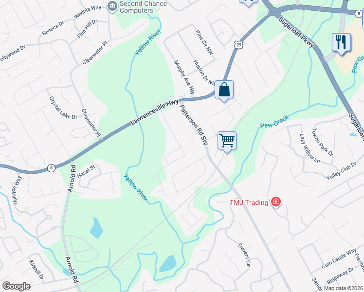 map of restaurants, bars, coffee shops, grocery stores, and more near 119 Braemore Mill Drive in Lawrenceville