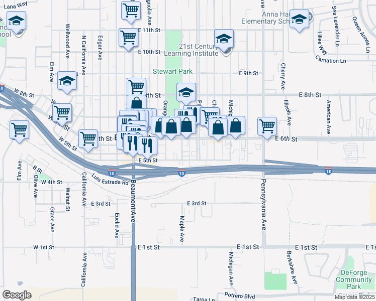 map of restaurants, bars, coffee shops, grocery stores, and more near 525 Palm Avenue in Beaumont