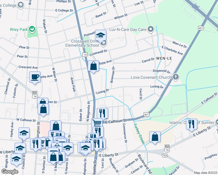map of restaurants, bars, coffee shops, grocery stores, and more near 300 Bowman Drive in Sumter
