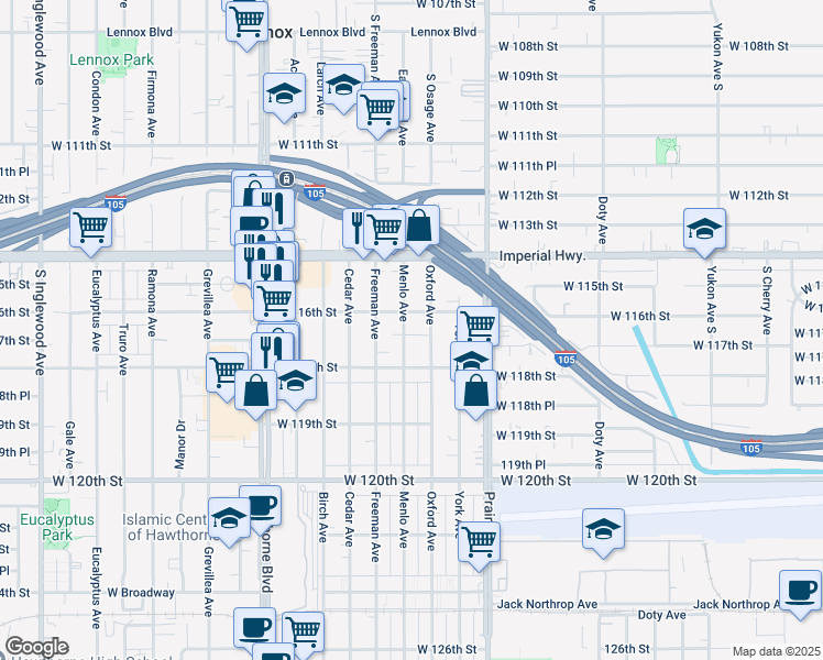 map of restaurants, bars, coffee shops, grocery stores, and more near 11626 Menlo Avenue in Hawthorne