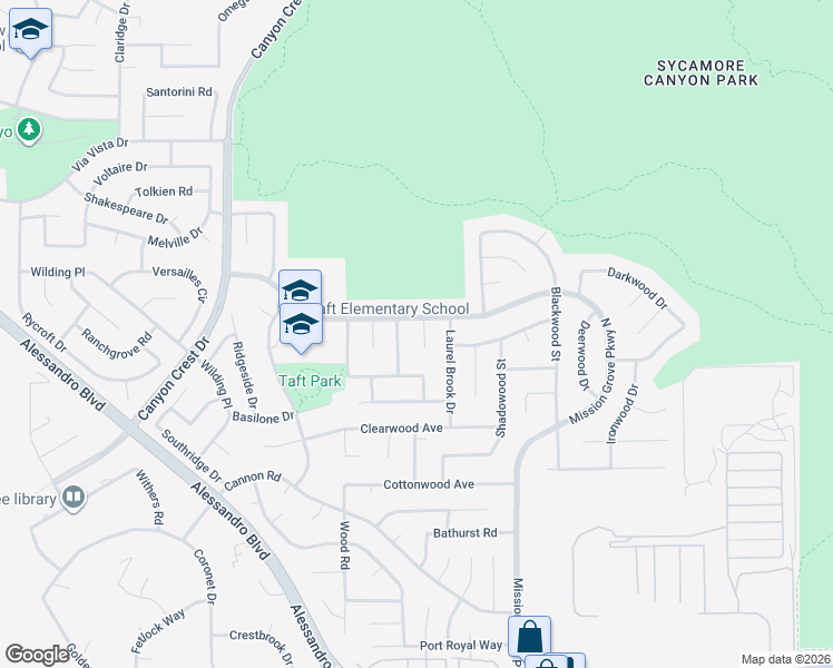 map of restaurants, bars, coffee shops, grocery stores, and more near 6721 Silver Oak Place in Riverside