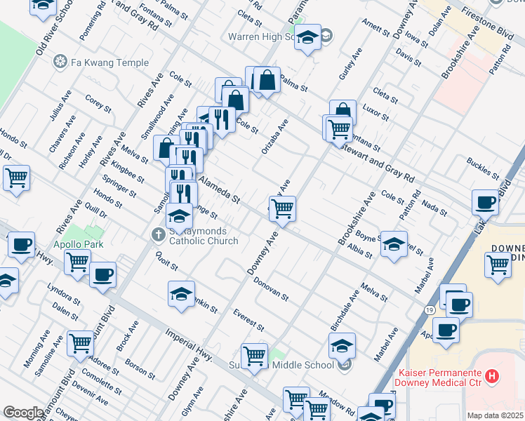 map of restaurants, bars, coffee shops, grocery stores, and more near 8215 Alameda St in Downey