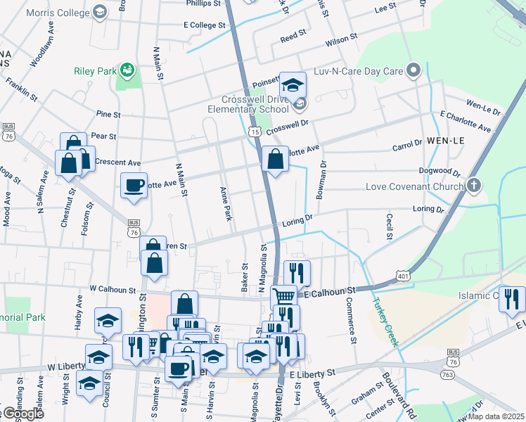 map of restaurants, bars, coffee shops, grocery stores, and more near 411 North Magnolia Street in Sumter