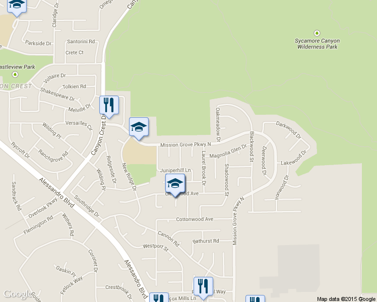 map of restaurants, bars, coffee shops, grocery stores, and more near 6721 Silver Oak Place in Riverside