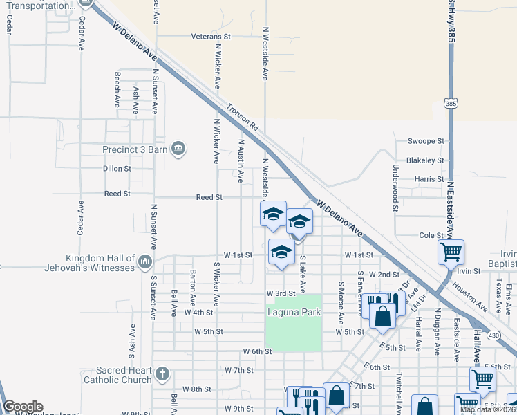 map of restaurants, bars, coffee shops, grocery stores, and more near 171 North Westside Avenue in Littlefield