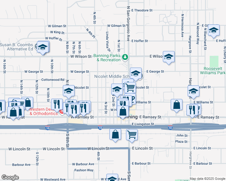 map of restaurants, bars, coffee shops, grocery stores, and more near 361 North 2nd Street in Banning