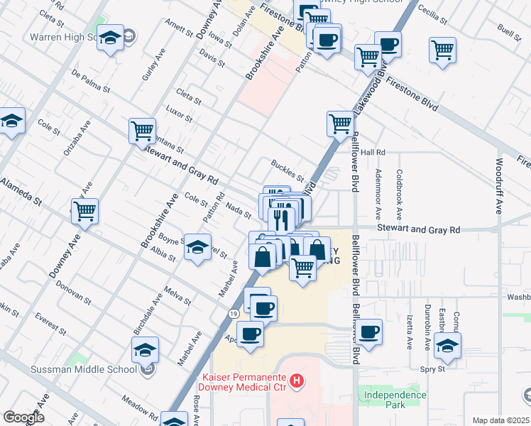 map of restaurants, bars, coffee shops, grocery stores, and more near 8716 Stewart and Gray Road in Downey