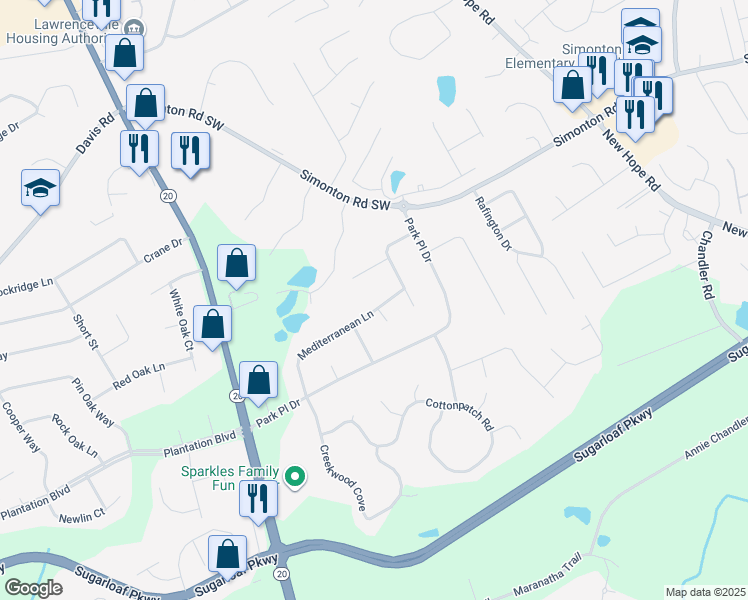 map of restaurants, bars, coffee shops, grocery stores, and more near 137 Mediterranean Lane in Lawrenceville