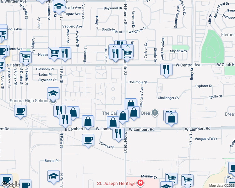 map of restaurants, bars, coffee shops, grocery stores, and more near 632 Wood Lake Drive in Brea