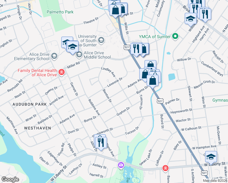 map of restaurants, bars, coffee shops, grocery stores, and more near 107 Adams Avenue in Sumter