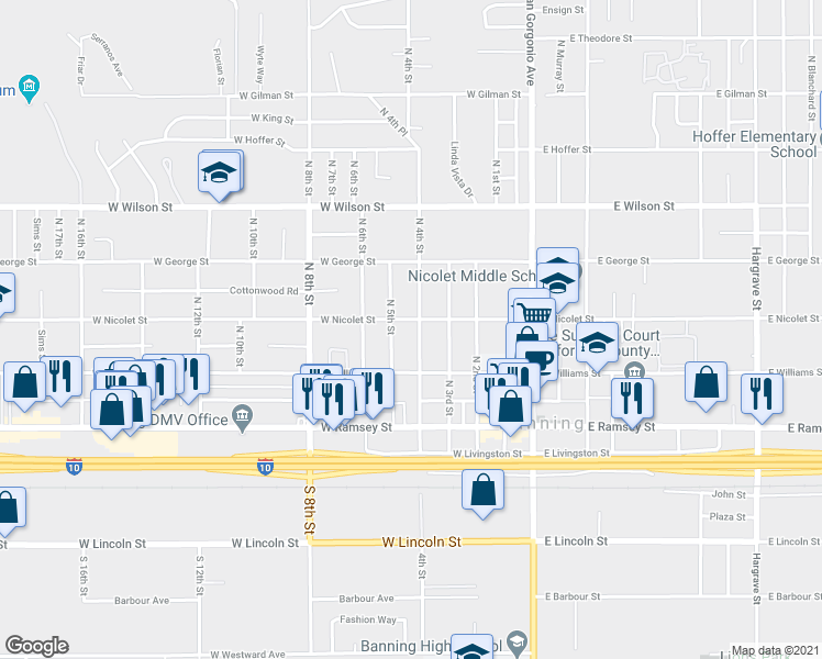 map of restaurants, bars, coffee shops, grocery stores, and more near 365 North 4th Street in Banning