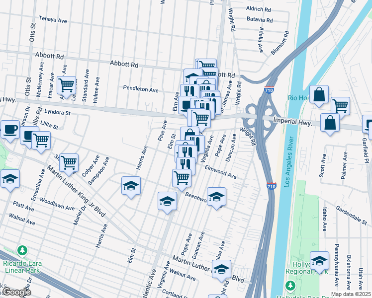 map of restaurants, bars, coffee shops, grocery stores, and more near 11076 Linden Street in Lynwood