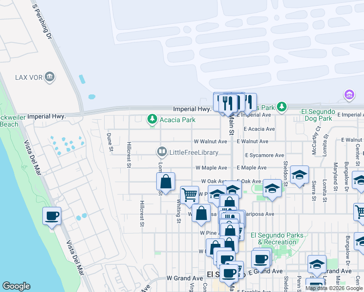 map of restaurants, bars, coffee shops, grocery stores, and more near 424 West Walnut Avenue in El Segundo
