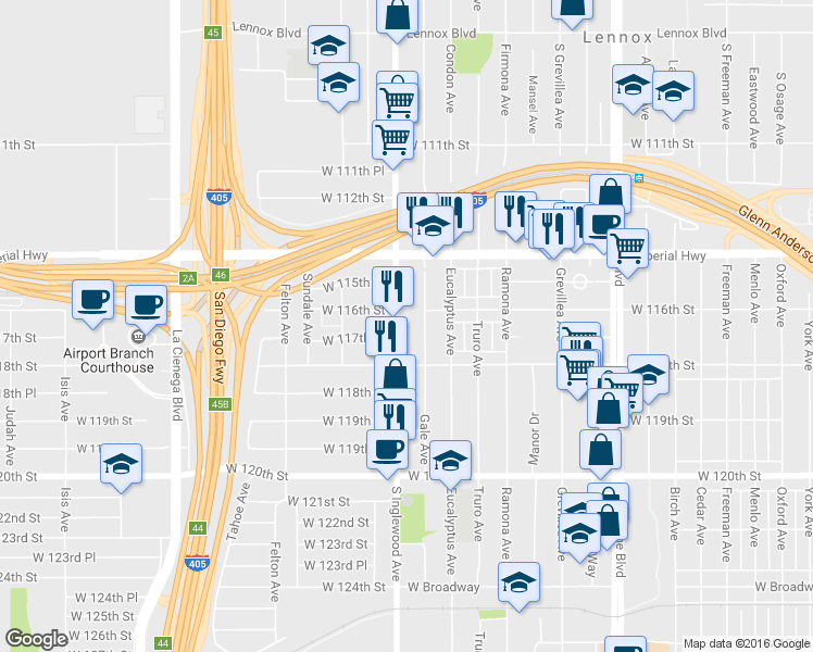 map of restaurants, bars, coffee shops, grocery stores, and more near 11620 South Inglewood Avenue in Hawthorne