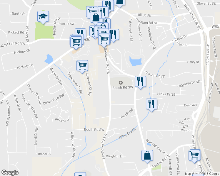map of restaurants, bars, coffee shops, grocery stores, and more near 121 Beech Road Southwest in Marietta