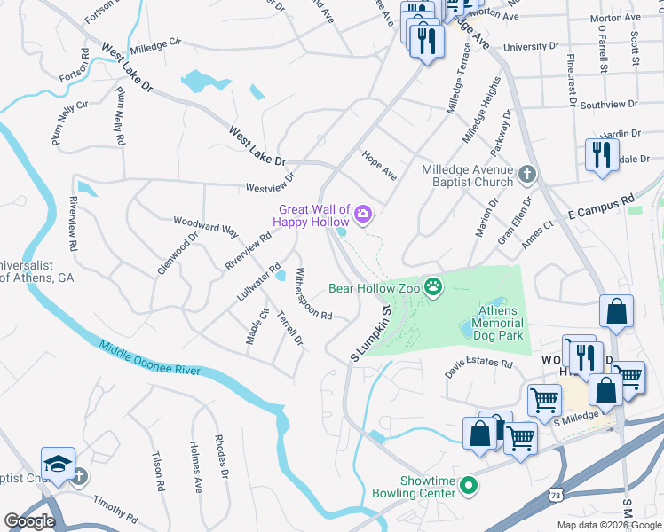 map of restaurants, bars, coffee shops, grocery stores, and more near 280 Lullwater Road in Athens