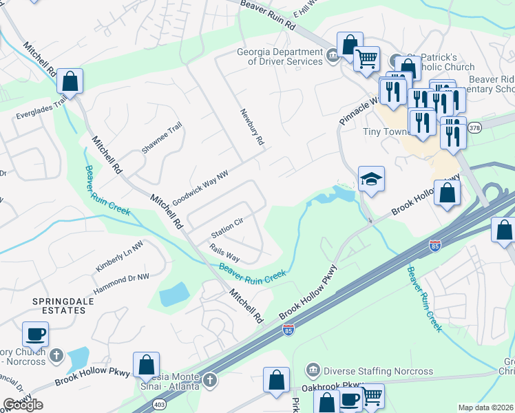 map of restaurants, bars, coffee shops, grocery stores, and more near 5381 Station Circle in Norcross