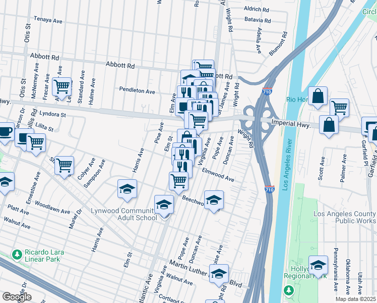 map of restaurants, bars, coffee shops, grocery stores, and more near 11076 Linden Street in Lynwood