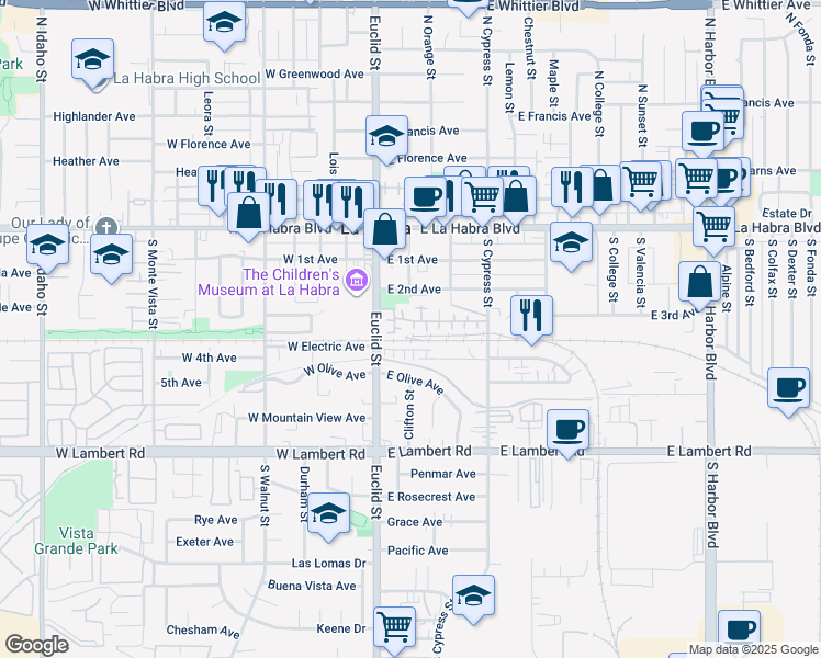 map of restaurants, bars, coffee shops, grocery stores, and more near 395 South Murcia Court in La Habra