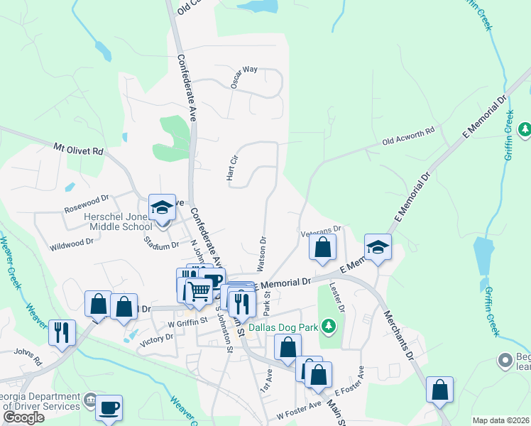 map of restaurants, bars, coffee shops, grocery stores, and more near Watson Drive in Dallas
