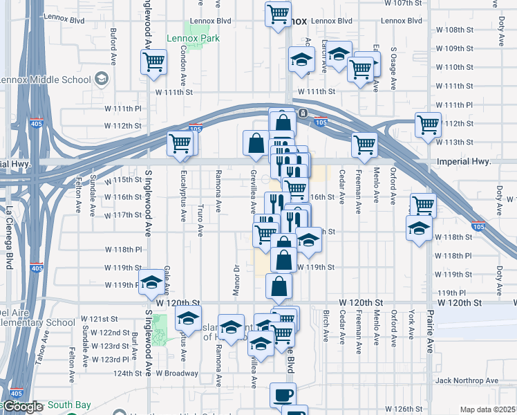 map of restaurants, bars, coffee shops, grocery stores, and more near 11630 Grevillea Avenue in Hawthorne