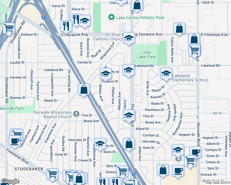 map of restaurants, bars, coffee shops, grocery stores, and more near 11312 Flallon Avenue in Norwalk