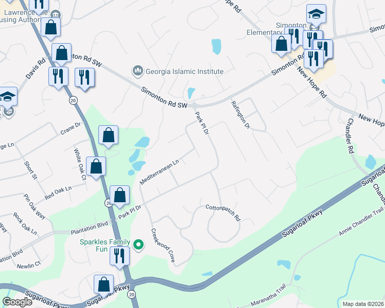 map of restaurants, bars, coffee shops, grocery stores, and more near 1009 Monopoly Drive in Lawrenceville