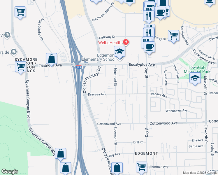 map of restaurants, bars, coffee shops, grocery stores, and more near 13191 Edgemont Street in Moreno Valley