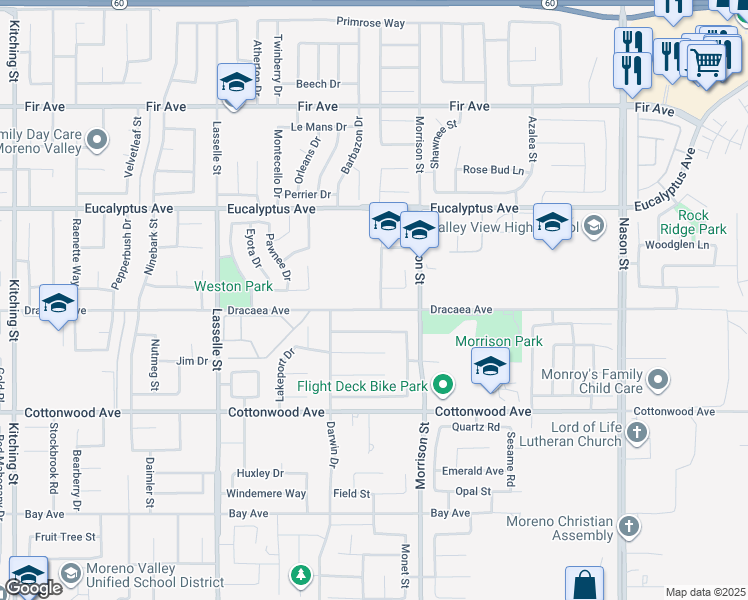 map of restaurants, bars, coffee shops, grocery stores, and more near 13237 Napa Valley Court in Moreno Valley