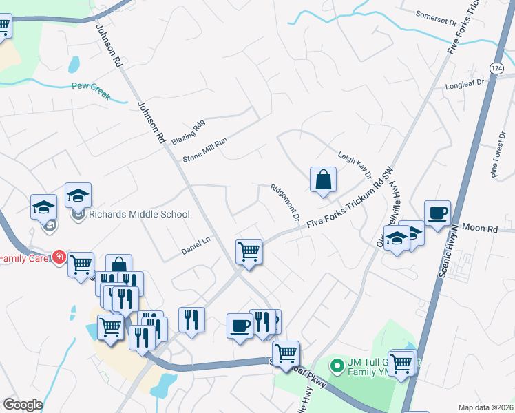 map of restaurants, bars, coffee shops, grocery stores, and more near 1130 Stone Ridge Drive in Lawrenceville