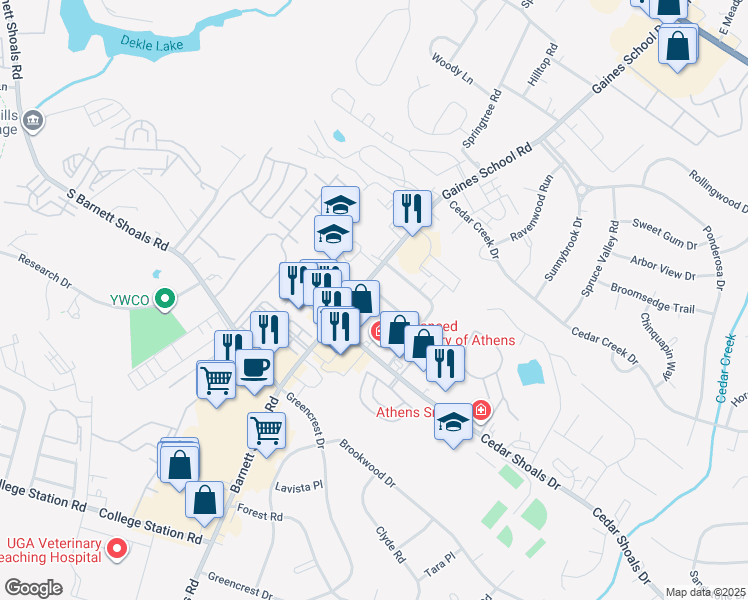 map of restaurants, bars, coffee shops, grocery stores, and more near 120 Barrington Place in Athens