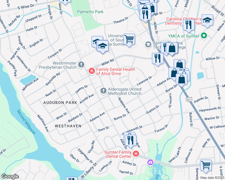 map of restaurants, bars, coffee shops, grocery stores, and more near 406 Robbins Avenue in Sumter