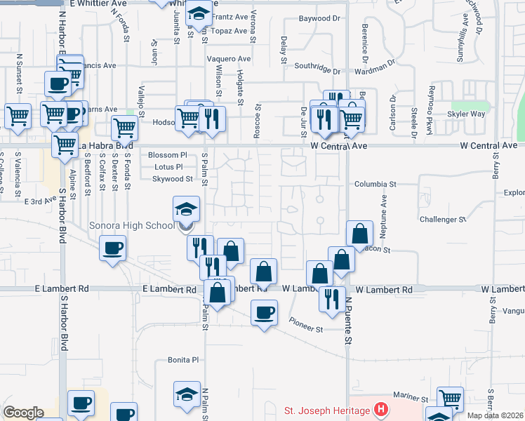 map of restaurants, bars, coffee shops, grocery stores, and more near 1518 Zachary Court in Brea