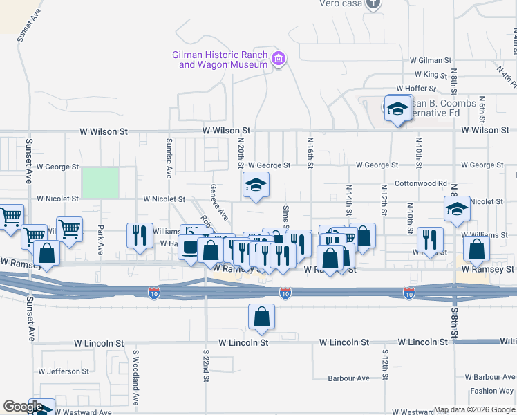 map of restaurants, bars, coffee shops, grocery stores, and more near 1928 West Nicolet Street in Banning